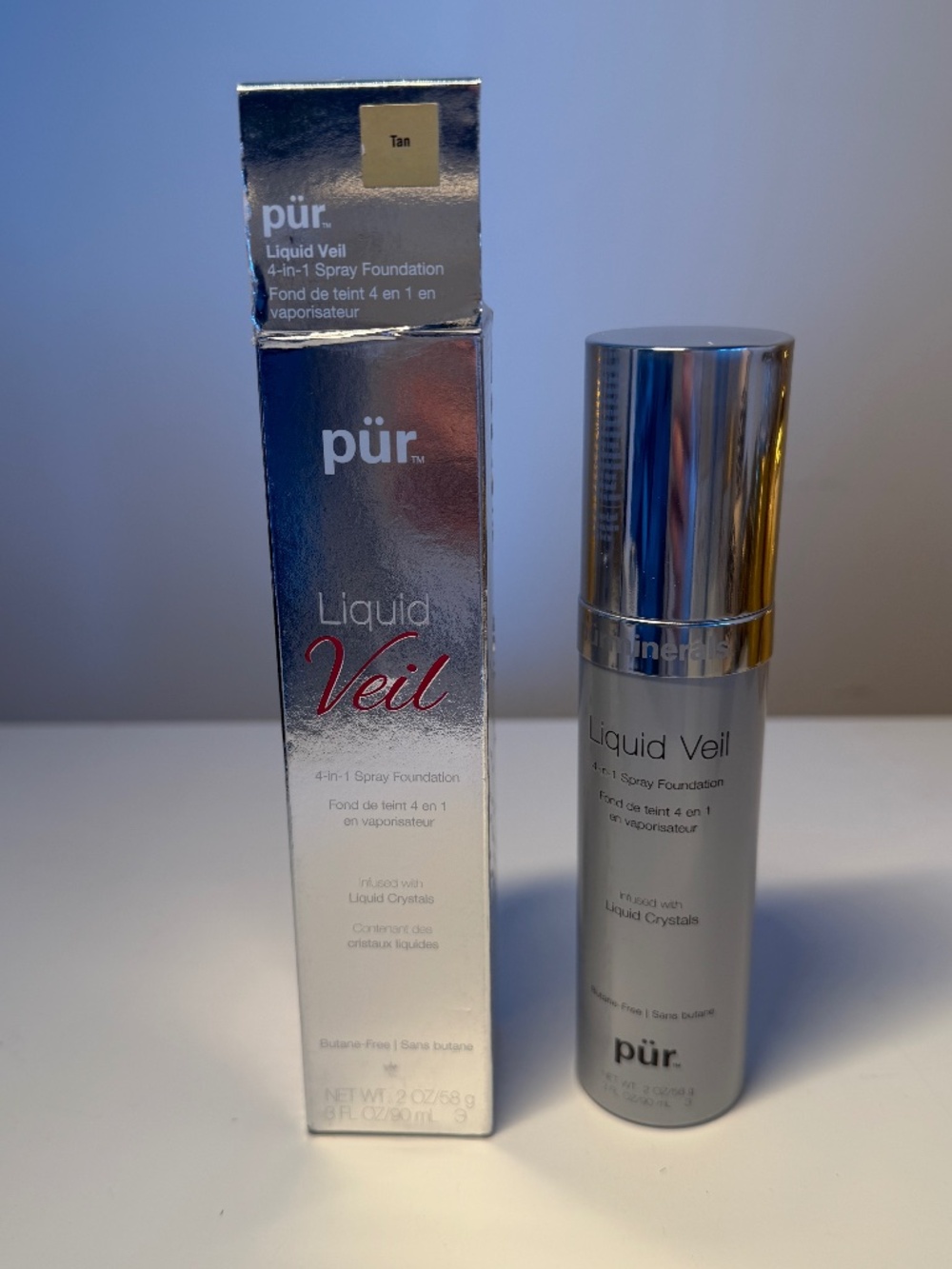 NEW in box PUR Liquid Veil 4-in-1 spray foundation liquid crystals TAN 3.0oz